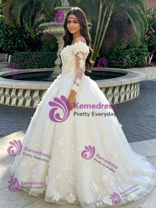 Beige White Tulle 3D Flower Quinceanera Dress