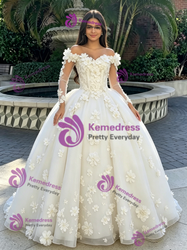 Beige White Tulle 3D Flower Quinceanera Dress