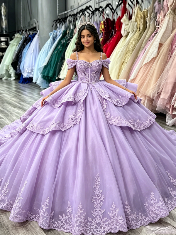 Purple Tulle Straps Appliques Quinceanera Dress