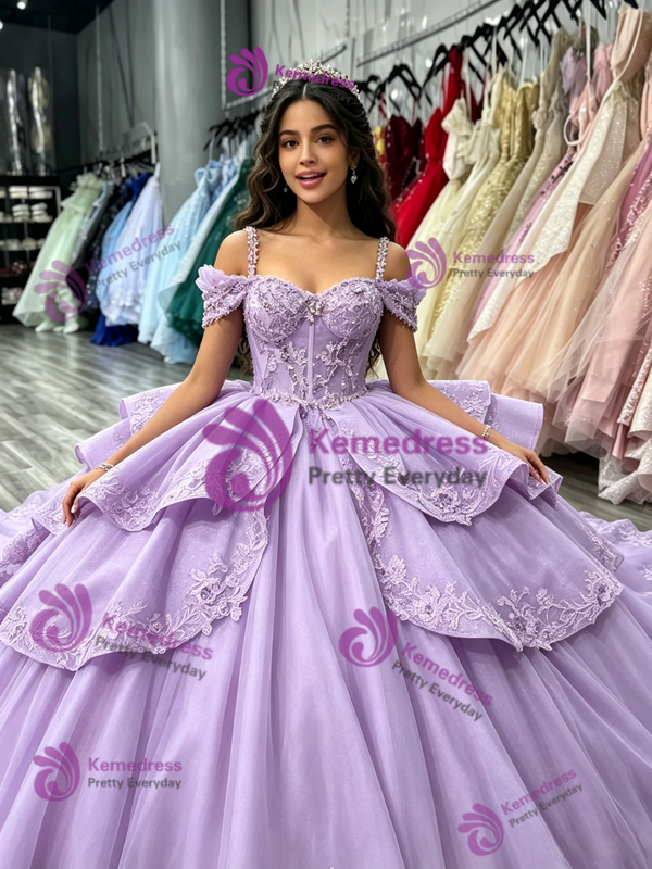 Purple Tulle Straps Appliques Quinceanera Dress