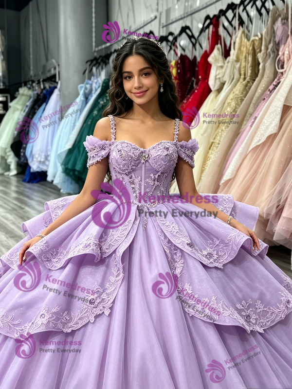 Purple Tulle Straps Appliques Quinceanera Dress