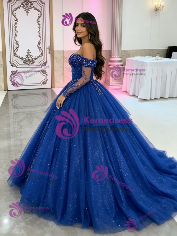 Blue Tulle Long Sleeve Beading Quinceanera Dress
