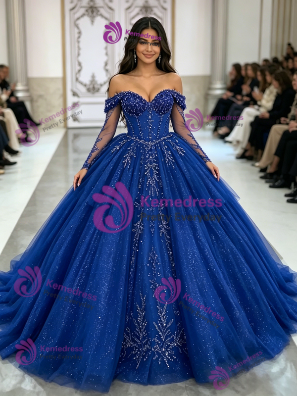 Blue Tulle Long Sleeve Beading Quinceanera Dress