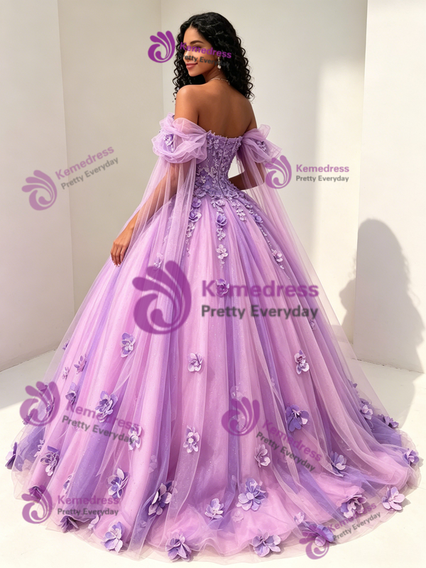 Purple Tulle 3D Flower Quinceanera Dress