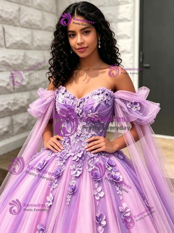 Purple Tulle 3D Flower Quinceanera Dress