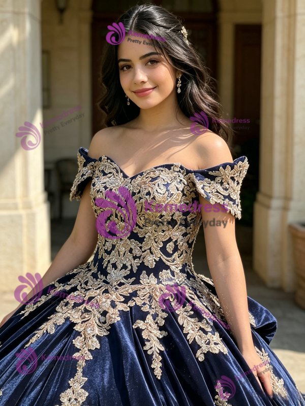 Blue Velvet Off the Shoulder Appliques Quinceanera Dress