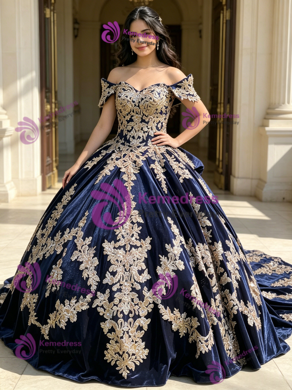 Blue Velvet Off the Shoulder Appliques Quinceanera Dress