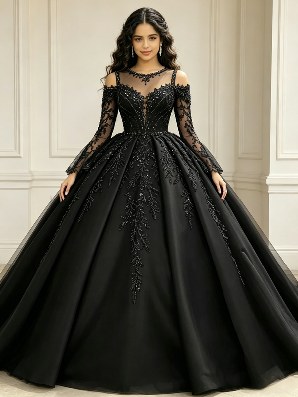 Black Tulle Long Sleeve Beading Quinceanera Dress