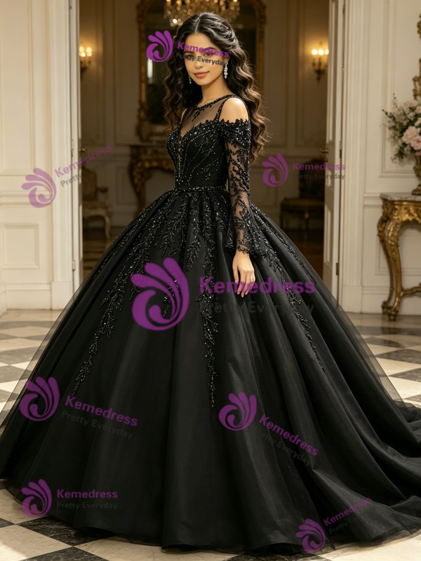 Black Tulle Long Sleeve Beading Quinceanera Dress