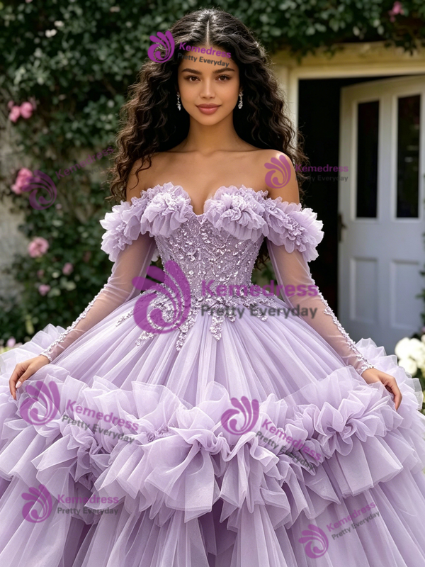 Purple Tulle Off the Sholuder Appliques Quinceanera Dress