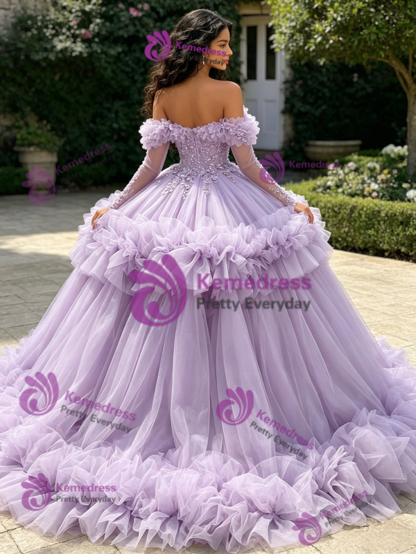 Purple Tulle Off the Sholuder Appliques Quinceanera Dress