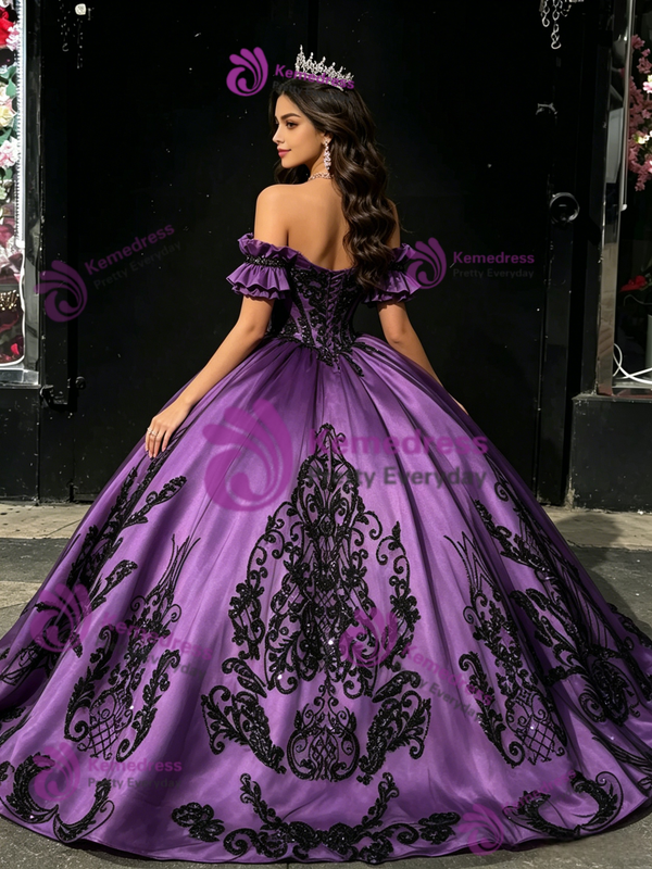 Purple Off The Shoulder Black Appliques Quinceanera Dress