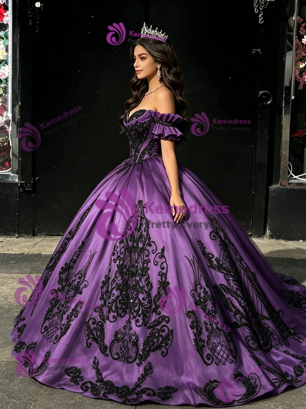 Purple Off The Shoulder Black Appliques Quinceanera Dress