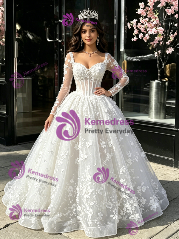 White Tulle Long Sleeve Appliques Quinceanera Dress
