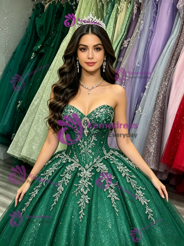 Green Tulle Sequins Strapless Appliques Quinceanera Dress