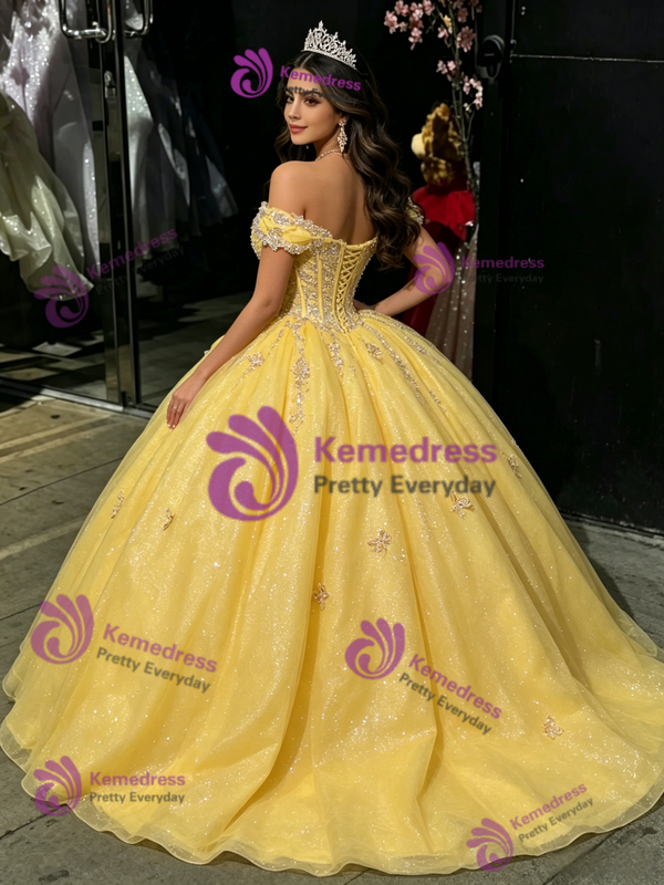 Yellow Sequins Off the Shoulder Appliques Quinceanera Dress