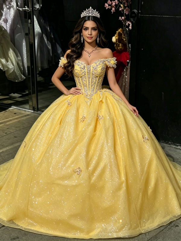 Yellow Sequins Off the Shoulder Appliques Quinceanera Dress