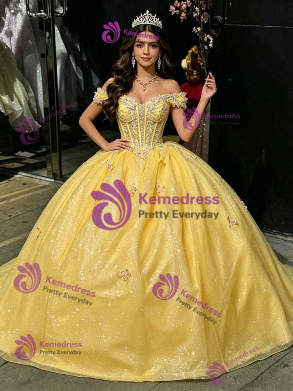 Yellow Sequins Off the Shoulder Appliques Quinceanera Dress