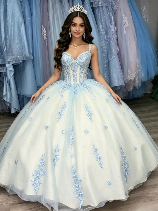 White Tulle Appliques Straps Quinceanera Dress