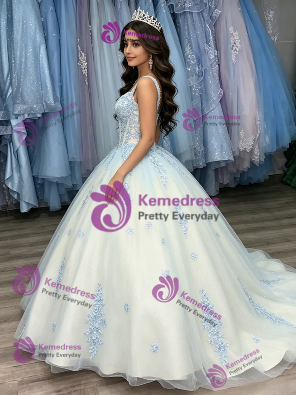 White Tulle Appliques Straps Quinceanera Dress