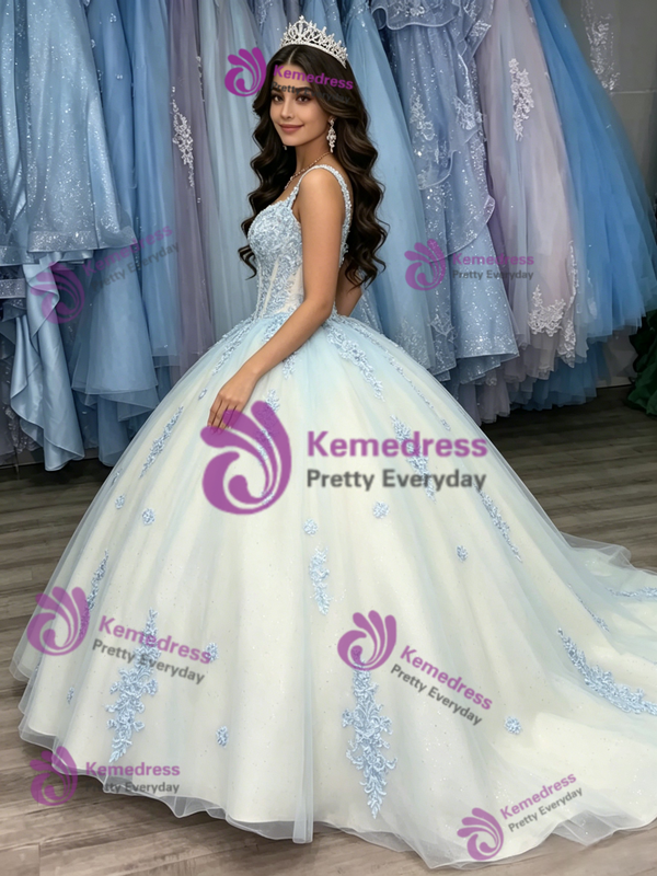White Tulle Appliques Straps Quinceanera Dress
