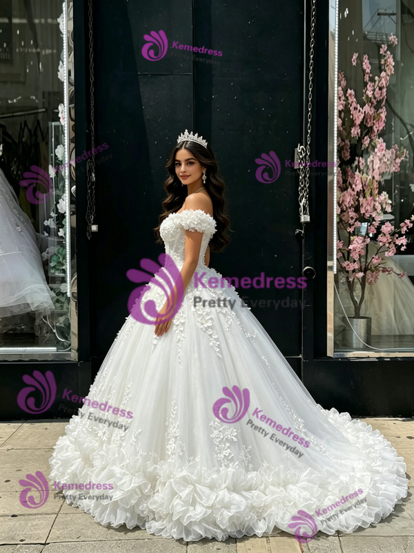White Tulle Off The Shoulder Appliques Quinceanera Dress