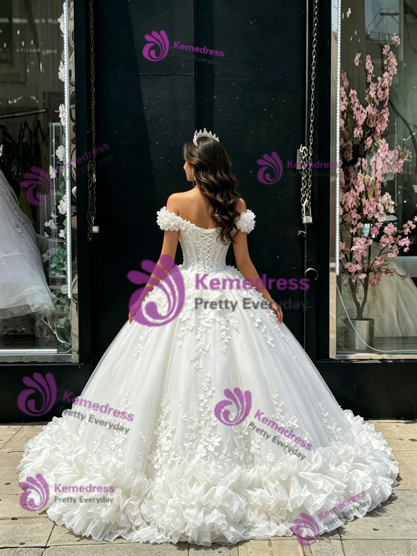 White Tulle Off The Shoulder Appliques Quinceanera Dress