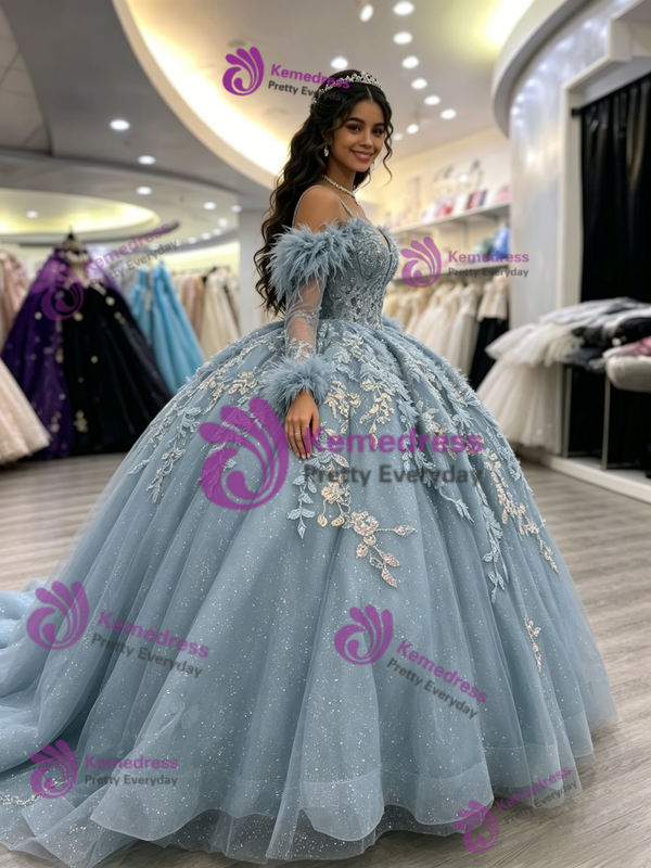 Blue Tulle Straps Appliques Long Sleeve Quinceanera Dress