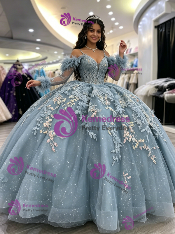 Blue Tulle Straps Appliques Long Sleeve Quinceanera Dress