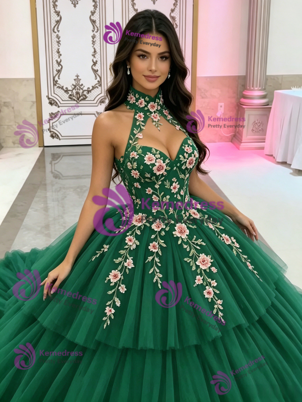 Green Tulle Halter Appliques Quinceanera Dress