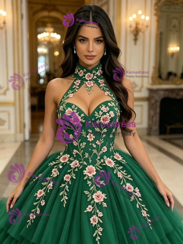 Green Tulle Halter Appliques Quinceanera Dress