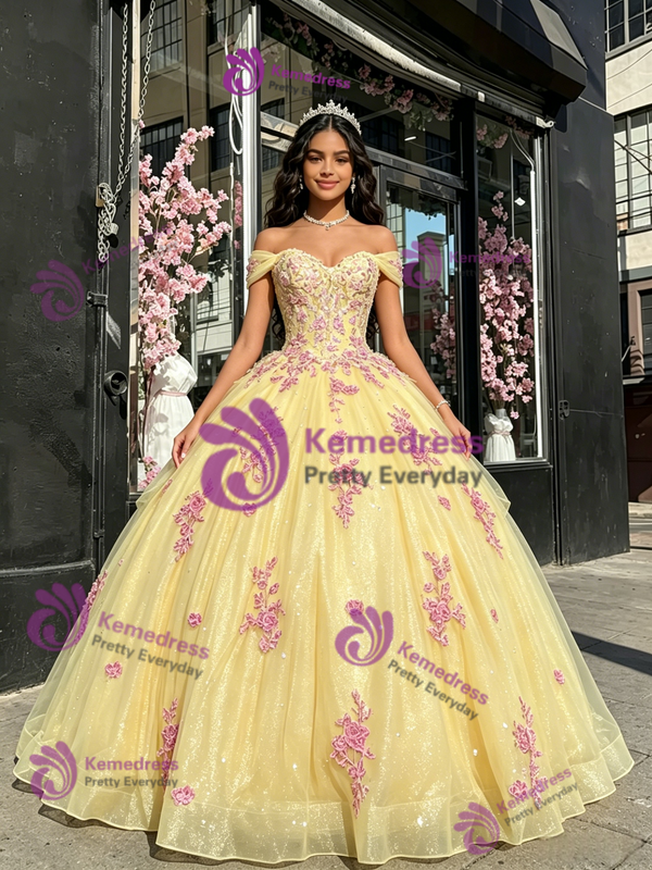 Yellow Tulle Off The Shoulder Lace Appliques Quinceanera Dress