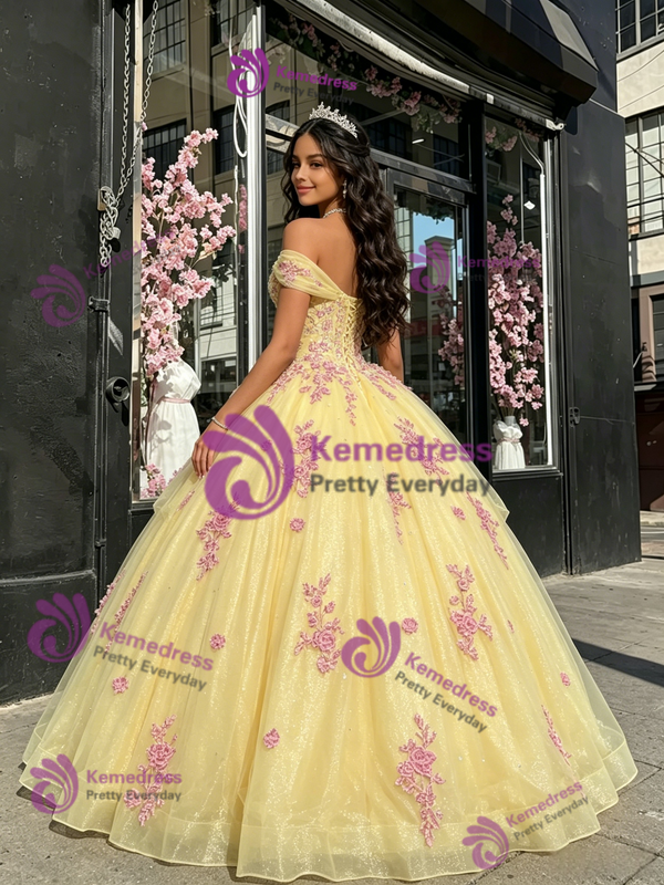Yellow Tulle Off The Shoulder Lace Appliques Quinceanera Dress