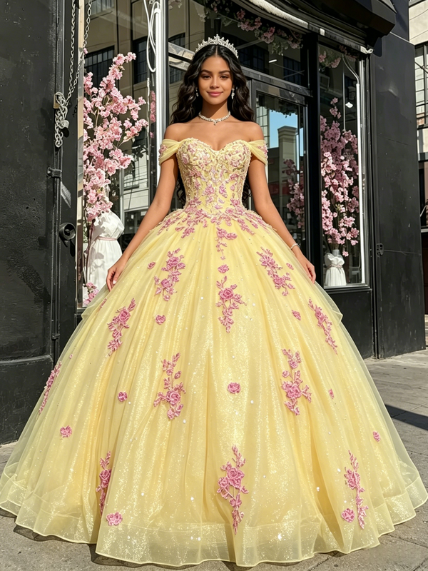 Yellow Tulle Off The Shoulder Lace Appliques Quinceanera Dress