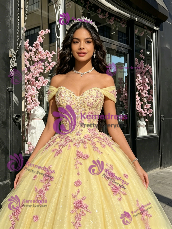 Yellow Tulle Off The Shoulder Lace Appliques Quinceanera Dress