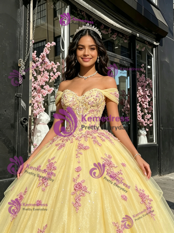 Yellow Tulle Off The Shoulder Lace Appliques Quinceanera Dress