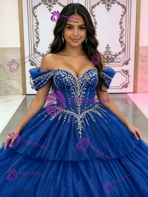 Blue Tulle Sequins Off the Shoulder Beading Quinceanera Dress