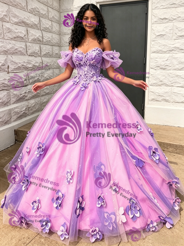 Purple Tulle Off the Shoulder Appliques Quinceanera Dress
