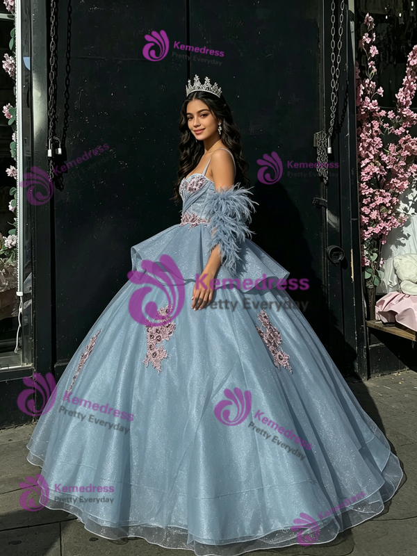 Blue Tulle Appliques Straps Quinceanera Dress