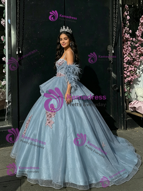 Blue Tulle Appliques Straps Quinceanera Dress