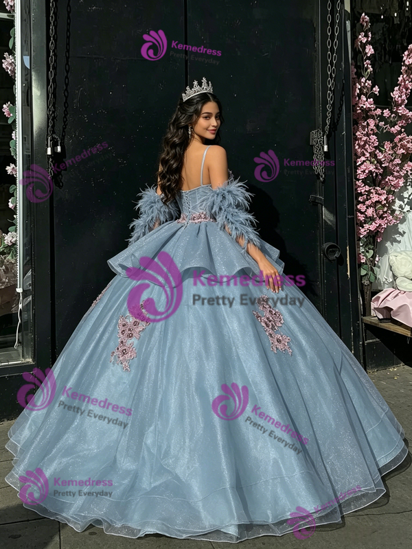 Blue Tulle Appliques Straps Quinceanera Dress