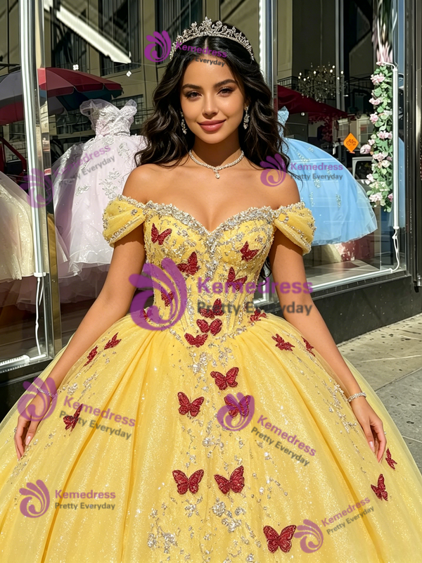 Yellow Tulle Off the Shoulder Beading Quinceanera Dress