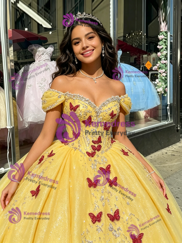 Yellow Tulle Off the Shoulder Beading Quinceanera Dress
