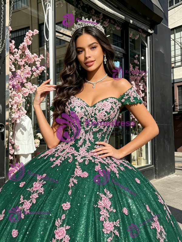 Green Sequins Off the Shoulder Appliques Quinceanera Dress