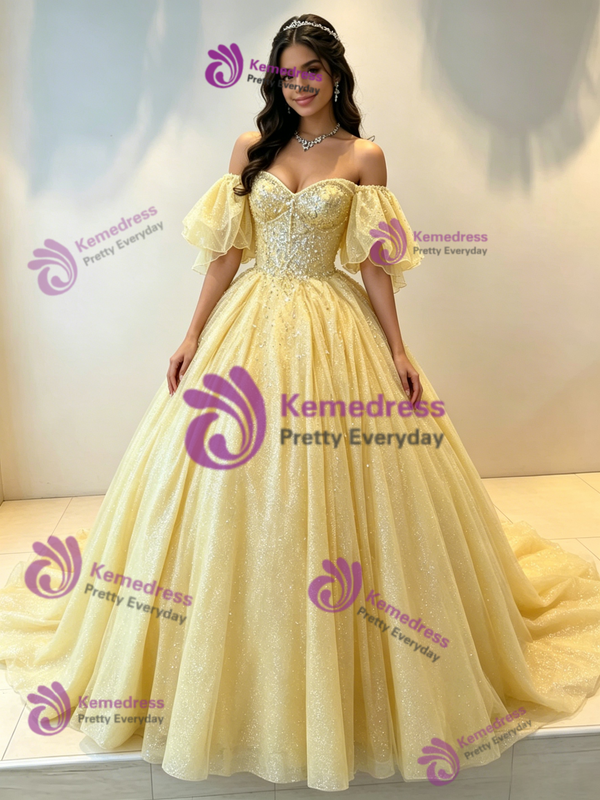 Yellow Tulle Off The Shoulder Beading Quinceanera Dress