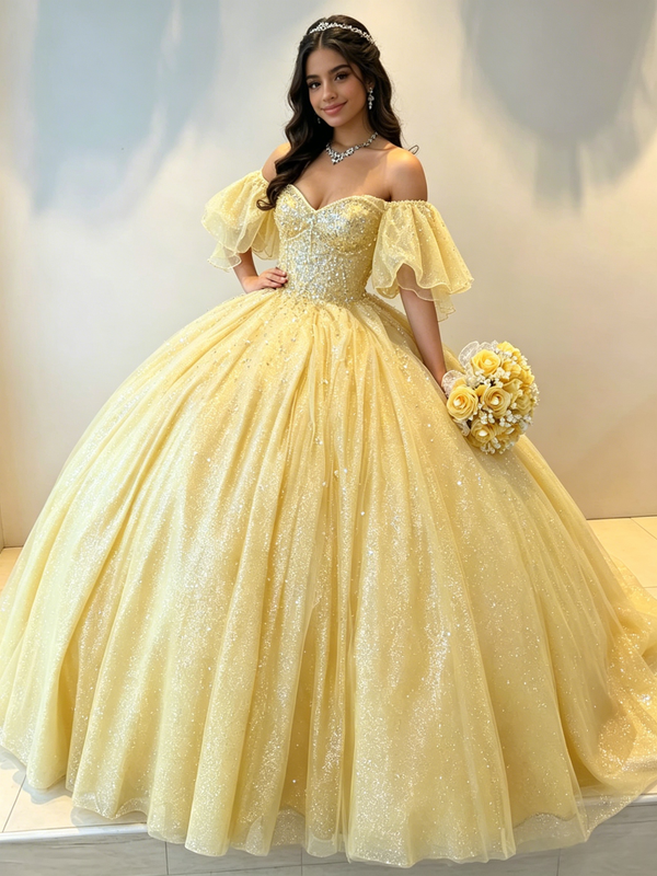 Yellow Tulle Off The Shoulder Beading Quinceanera Dress