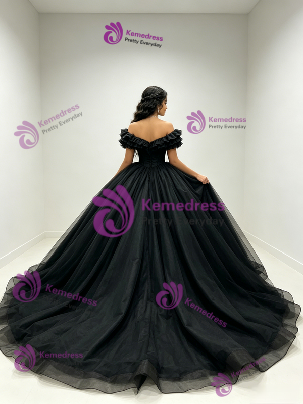 Black Tulle Off The Shoulder Quinceanera Dress
