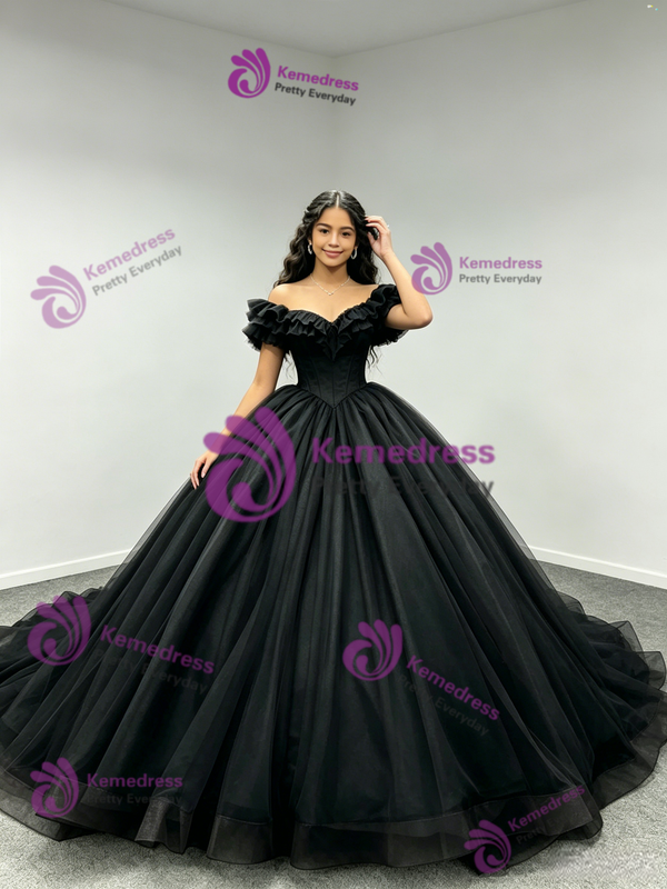 Black Tulle Off The Shoulder Quinceanera Dress