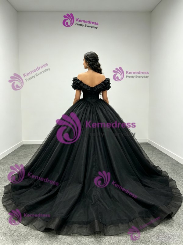 Black Tulle Off The Shoulder Quinceanera Dress