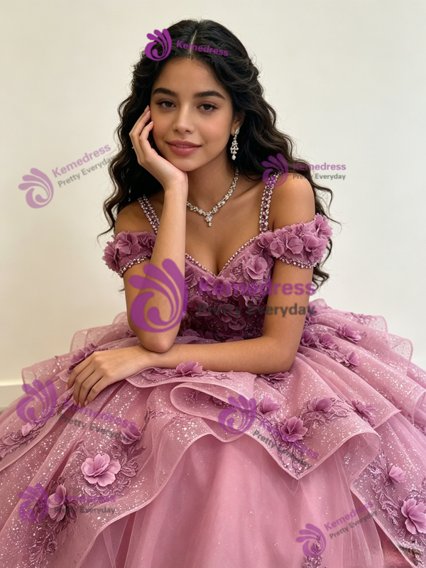 Pink Tulle Straps 3D Flower Quinceanera Dress